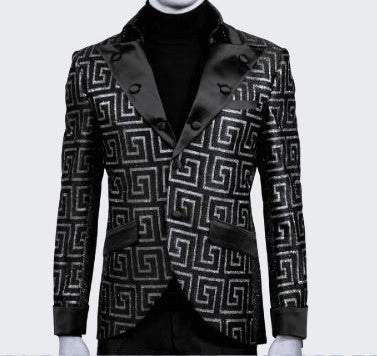 LOUIS VINO: Elegante Giacca Nera Glitterata Uomo, Chiave Greca & Design Nuovo. Un Capolavoro!