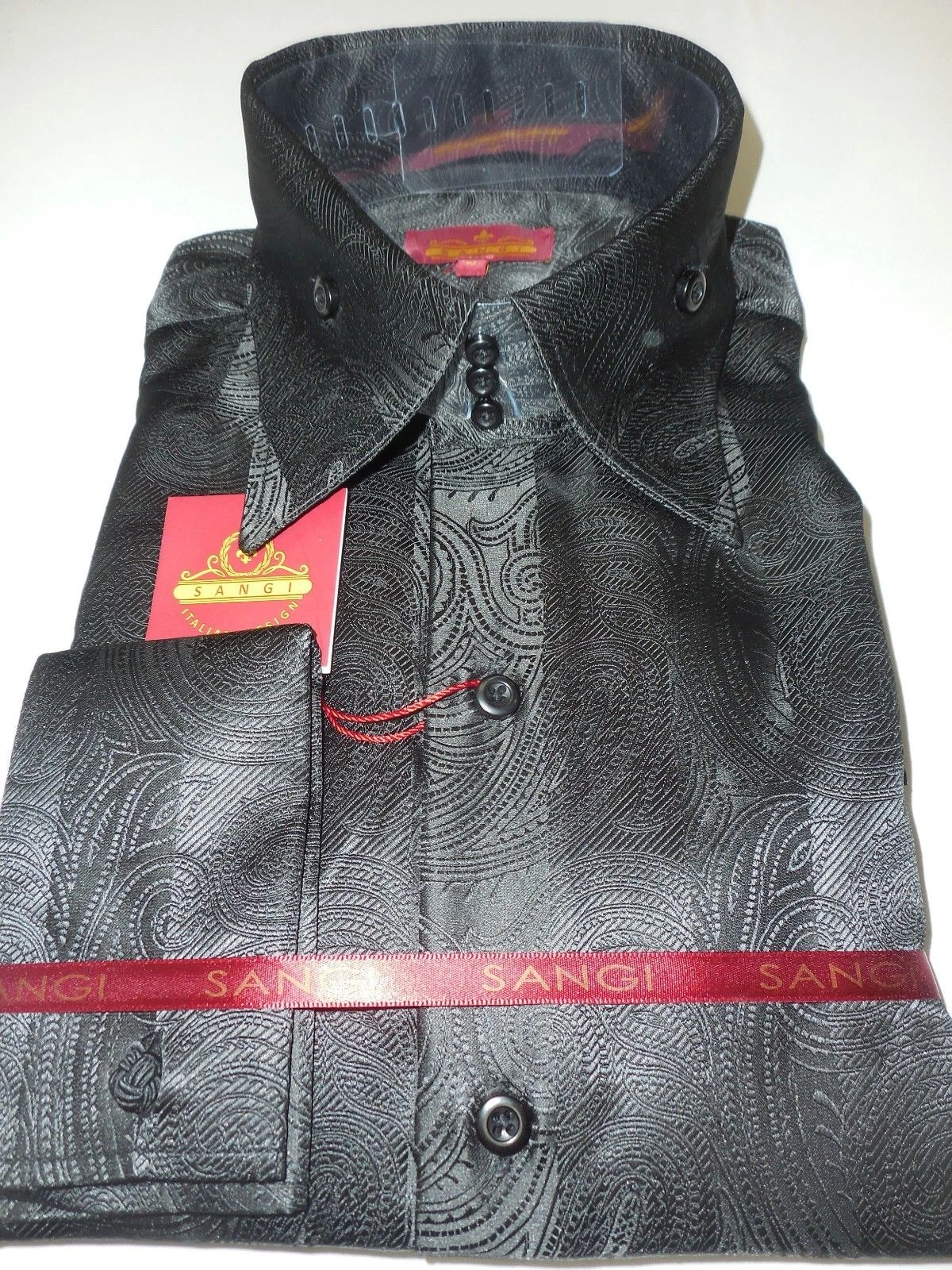 SANGI Camicia Paisley Nera Lucida Uomo: Eleganza Italiana con Colletto Alto e Polsini!