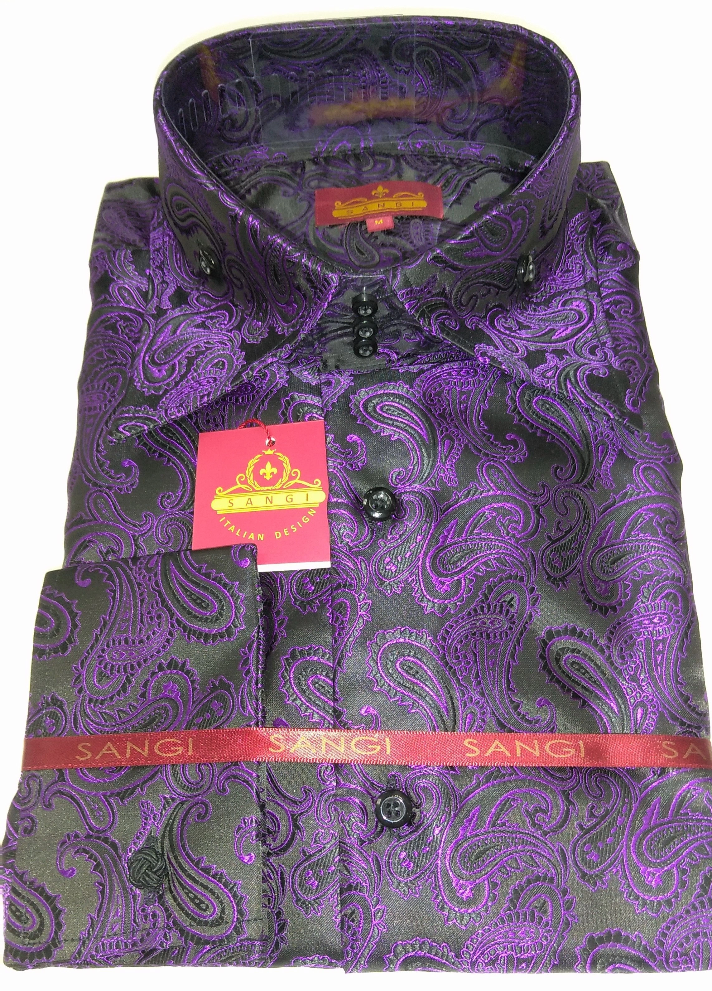 Camicia Elegante Paisley Nero e Viola Sangi Milan Collection – Stile Italiano Autunno.